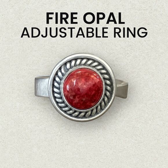 Western Sterling Silver Fire Opal Ring – Adjustable Band, Twisted Rope Bezel New - Picture 1 of 5